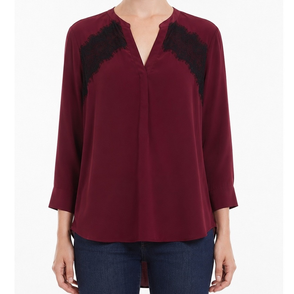 Sandro‎ Burgundy Black Lace 100% Silk Eponyme Blouse Crepe Size 8